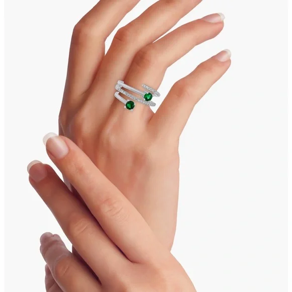 Kenneth Jay Lane Silver Spiral Ring with Emerald Green Crystals - Picture 2 of 8